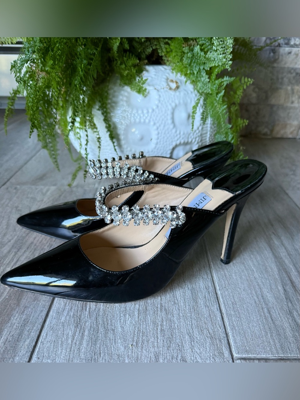 Jimmy Choo Black Patent Crystal Embellished Stiletto Mules - Picture 2 of 8